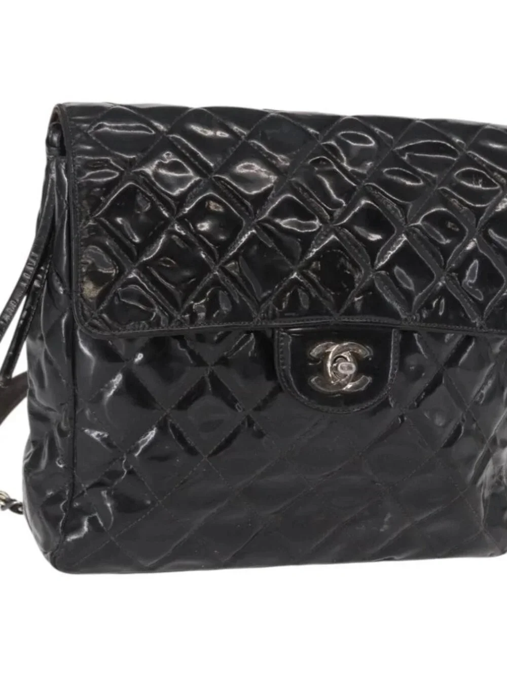 CHANEL Matelasse 25 Chain Backpack Enamel Black Silver CC Auth gh1554
